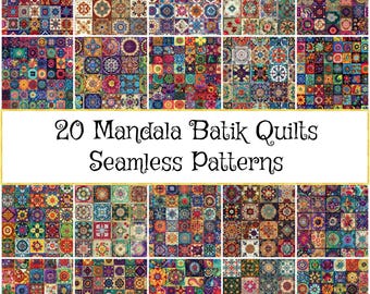 May include: A collection of 20 colorful mandala batik quilt seamless patterns. The patterns are made up of repeating geometric shapes and designs in a variety of colors, including red, blue, green, yellow, and purple.
