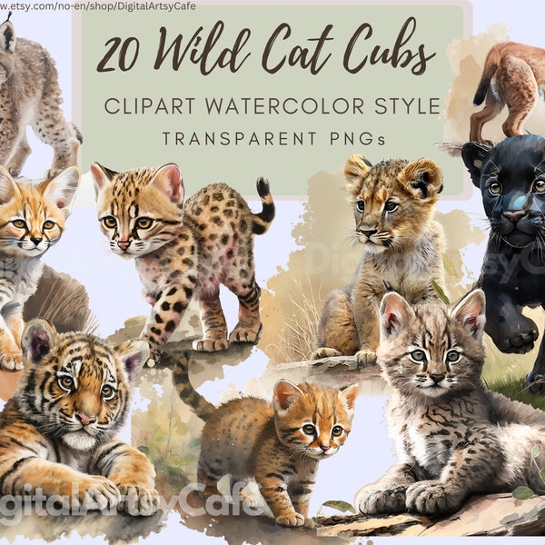Paquete de imágenes prediseñadas PNG, 20 lindos cachorros de gato salvaje en estilo acuarela