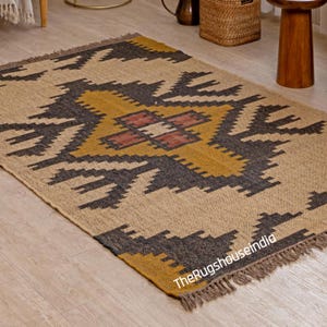 Wool Jute Rug, Kilim Jute Rug, Flatweave Rug, Bohemian Rug, Handwoven Wool Jute Kilim Rug, Kilim Runner Rug Decorative Rug,