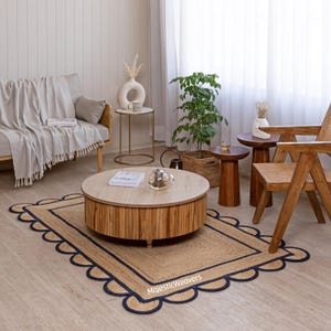 Hand Braided Scallop Jute Rug | With Nevy Blue border Jute Runner Rug | Braided Scallop Jute Rug | Handmade Jute Rug | Bohemian Scallop Rug