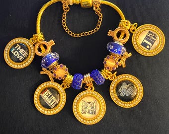 Jackson State University Tigers Charm Bracelet (Gold Color) HBCU Collegiate Black College Jewlery Making Glass Charms (JSU)
