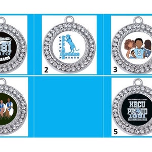 May include: Five silver charms with rhinestones, each featuring a different design. The charms include a Spelman College logo, a Morehouse College logo, a family portrait, a group of graduates, and an HBCU Proud logo.