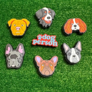 Könnte beinhalten: Eine Sammlung farbenfroher Accessoires zum Thema Hunde, darunter verschiedene Hunderassen-Gesichter und der Text "dog person". Die Accessoires sind auf einer grünen Oberfläche angeordnet.