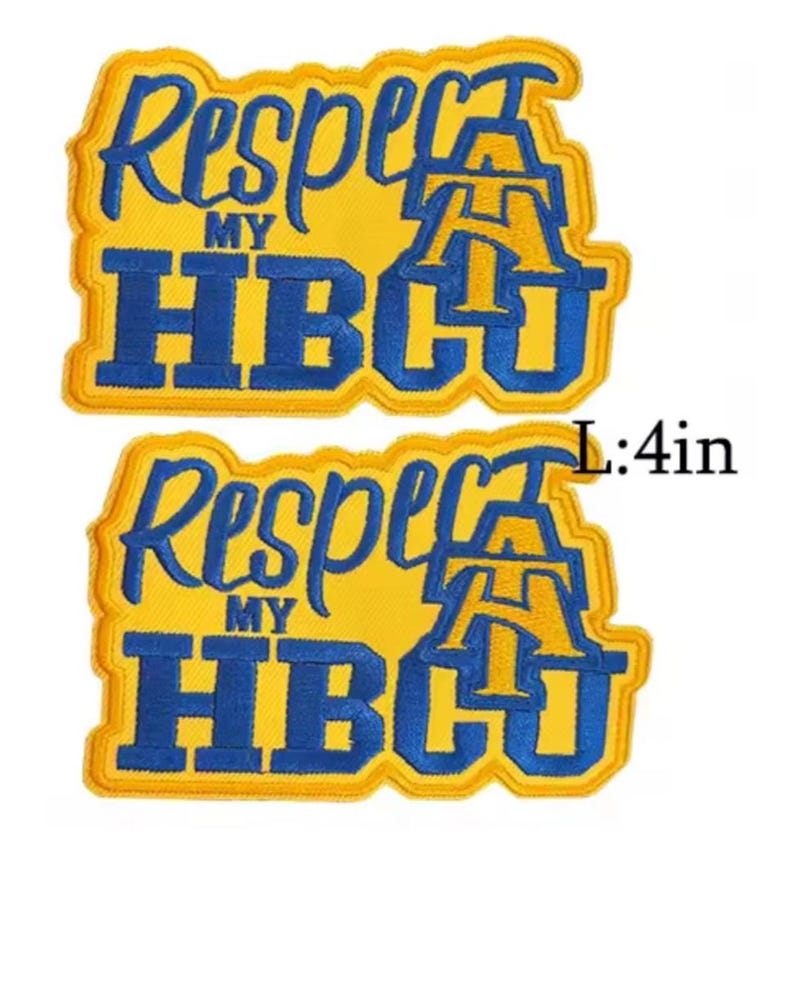 K&ouml;nnte beinhalten: Zwei gestickte Aufn&auml;her mit dem Text "Respect My HBCU" in Blau und Gelb. Die Aufn&auml;her sind rechteckig mit gelbem Hintergrund und blauen Buchstaben. Jeder Aufn&auml;her ist 10,16 cm lang.