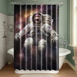 Cortina de ducha de mono cósmico, decoración de baño con temática de astronauta, decoración del hogar con temática espacial, regalo único para amantes de los animales, divertido accesorio de baño.