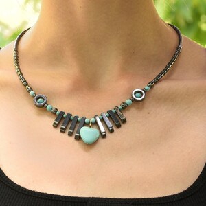 Handmade Gemstone Necklace. Chic Turquoise & Hematite Choker: Balance, Protection, Elegance. Perfect Gift. Gemstone Jewelry. Charm Necklace.