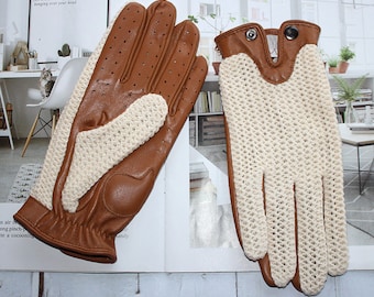 Gants de course en cuir cadeau pour lui Gants de conduite en cuir pour hommes à la mode, dos ficelle, crochet marron noir, gants au crochet faits à la main en filet de voiture