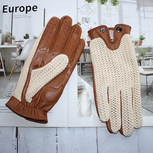 Racing Leather Gloves Gift For Him Fashion Men's Leather Driving Gloves String back Crochet Brown Black Crochet Gloves Handmade Mesh Net Car