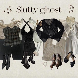 Könnte beinhalten: Eine Modecollage mit verschiedenen Kleidungsstücken, darunter ein schwarzes Netztop, eine karierte Weste, ein schwarzes Minikleid, eine weiße Hose und schwarze Stiefel mit Absatz. Der Text "Slutty ghost" steht in der Mitte des Bildes.