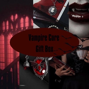 Könnte beinhalten: Eine Collage mit einem roten und schwarzen Thema mit dem Text "Vampire Core Gift Box". Das Bild enthält ein gotisches Fenster, Schmuck, ein Buch und eine Person, die eine Teetasse hält. Die Gesamtästhetik ist dunkel und geheimnisvoll.