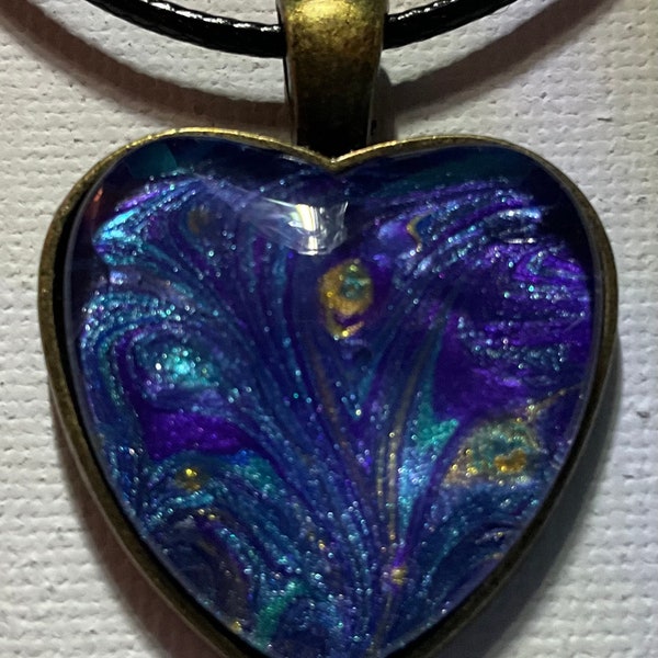 Heart Necklace Pendant with paint pour skin center and glass cabochon paint fluid art jewelry one of a kind unique great Mother’s Day gift