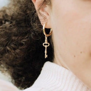Key Earrings, Charm Hoop Earrings, Key Hoop Earrings, Gold Filled Hoop Earrings, Gold Key Jewelry, Gold Key Gift, Skeleton Key Gift