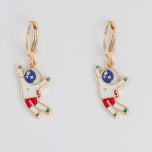 Gold-Plated Astronaut Hoop Earrings: Enamel Space Charm
