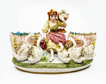 Vintage Capodimonte Style Porcelain Swan Planter Centerpiece, Italian Majolica Peasant Girl Feeding Swans Double Vase, Kitsch Home Decor