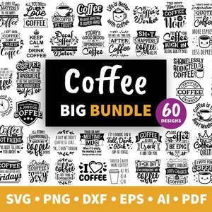 Coffee Funny SVG bundle - 60 sublimation designs ideal for tote bags, shirts, coffee cups, mugs, button badges, laptop stickers, gildan 1800 sweaters, tumbler wrap etc. Instant digital download. Also provided in PNG format.