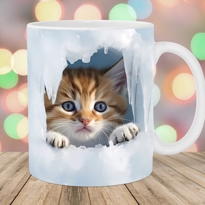 3D Kitten Hole In A Wall Mug Wrap, 11oz & 15oz Mug Template, Mug Sublimation Design, Snow Mug Wrap Template, Instant Digital Download PNG