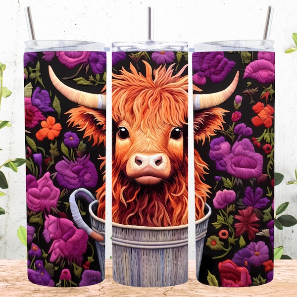 3D Embroidered Highland Cow Flowers 20 oz Skinny Tumbler Sublimation Design, Straight & Tapered Tumbler Wrap, Instant Digital Download PNG