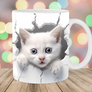 3D Kitten Hole In A Wall Mug Wrap, 11oz And 15oz Mug Template, Mug Sublimation Design, Mug Wrap Template, Instant Digital Download PNG
