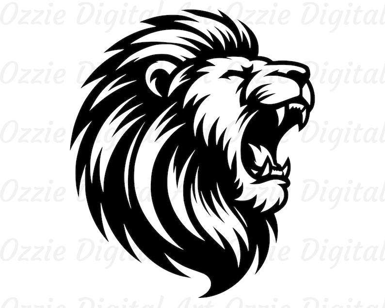 May include: Black and white illustration of a roaring lion's head. The lion has a thick mane and is facing to the right.