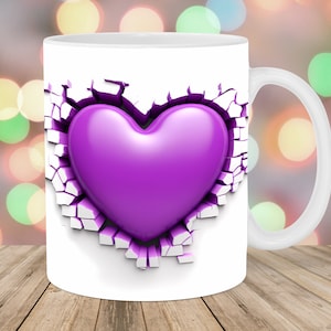 3D Purple Heart Hole In A Wall Mug Wrap, 11oz & 15oz Mug Template, Mug Sublimation Design, Mug Wrap Template, Instant Digital Download PNG