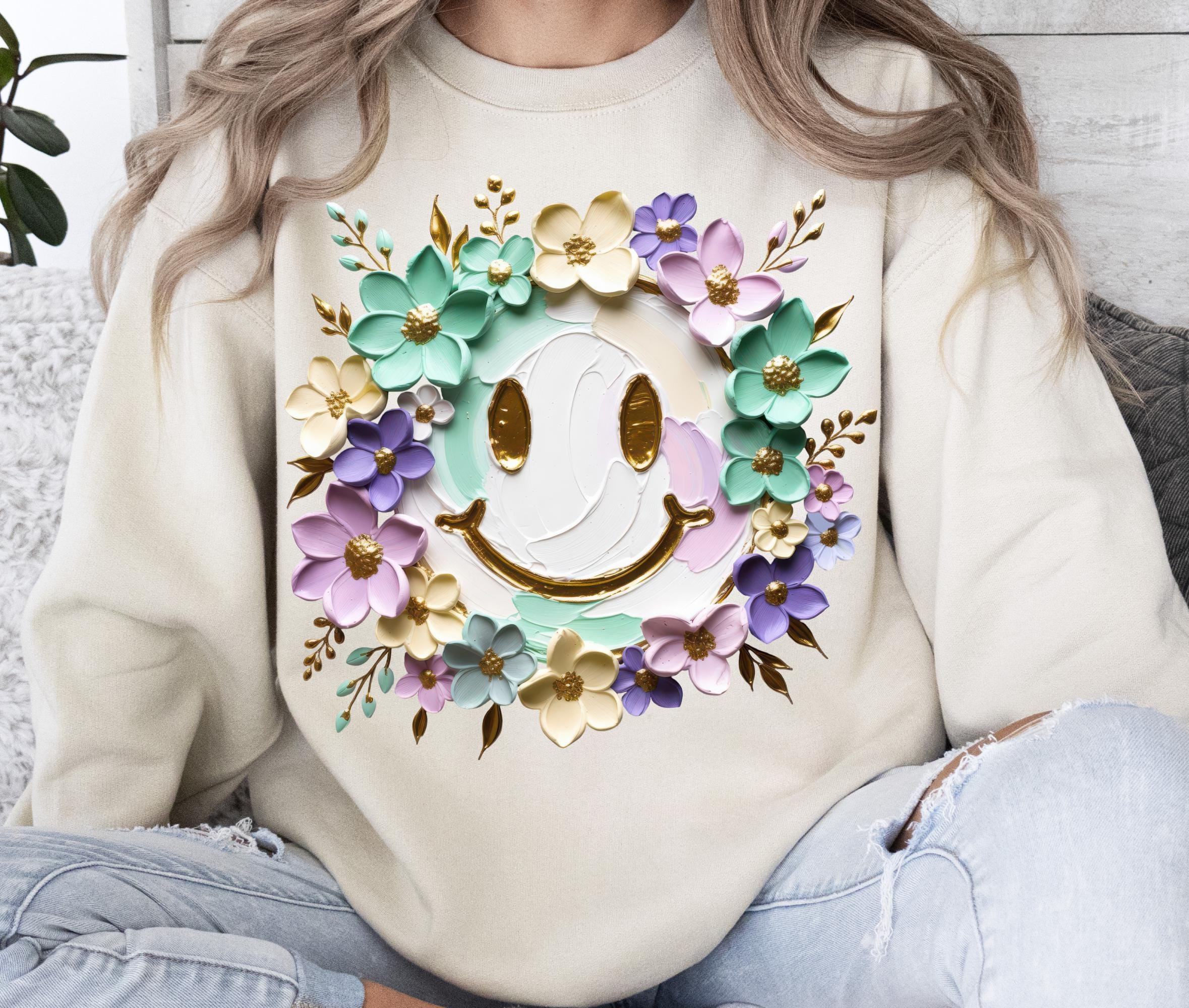 Painted Smiley Face Png, Sublimation Design, 3D Flowers Png, Retro Png ...