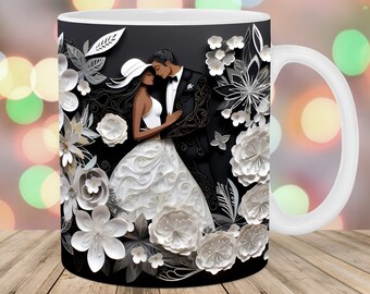 Caneca de casal de casamento 3D, modelo de caneca de 11 oz e 15 oz, design de sublimação de caneca, modelo de caneca de flor, download digital instantâneo PNG