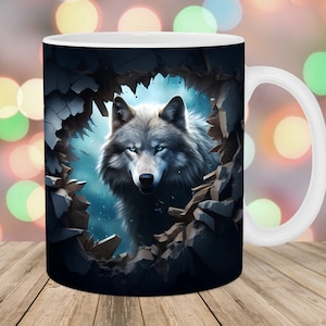 3D-muggomslag med varghål i väggen, 11oz och 15oz muggmall, sublimeringsdesign för mugg, mall för nattmuggomslag, digital nedladdning i PNG