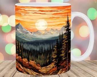 Mountain Forest Sunset Landscape Mug Wrap, 11oz & 15oz Mug Template, Mug Sublimation Design, Mug Wrap Template, Instant Digital Download PNG