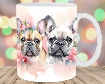 Watercolor French Bulldogs Mug Wrap, 11oz & 15oz Mug Template, Mug Sublimation Design, Mug Wrap Template, Instant Digital Download PNG