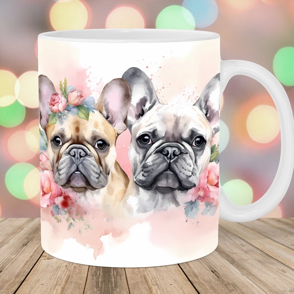 Involucro tazza Bulldog francesi acquerello, modello tazza da 11 once e 15 once, design a sublimazione tazza, modello involucro tazza, download digitale istantaneo PNG