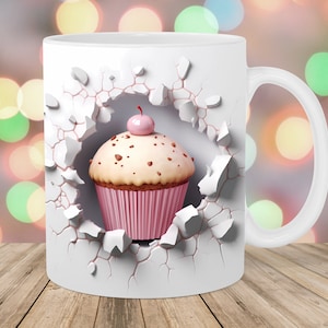 3D Cupcake Becherverpackung, 11 Unzen und 15 Unzen Bechervorlage, Loch in einem Wandbecher Sublimationsdesign, Becherverpackungsvorlage, sofortiger digitaler Download PNG