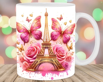 Eiffel Tower Mug Wrap, 11oz & 15oz Mug Template, Pink Gold Rose Mug Sublimation Design, Butterfly Mug Template, Instant Digital Download PNG