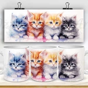 May include: Set of four white ceramic mugs with watercolor illustrations of four kittens. Each mug features a different kitten with blue, orange, white, and gray fur. The kittens are depicted in a playful and adorable manner.