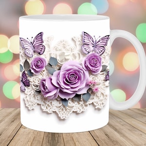 3D Purple Butterflies Flowers Mug Wrap, 11oz And 15oz Mug Template, Mug Sublimation Design, Mug Wrap Template, Instant Digital Download PNG