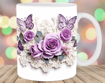 3D Purple Butterflies Flowers Mug Wrap, 11oz And 15oz Mug Template, Mug Sublimation Design, Mug Wrap Template, Instant Digital Download PNG