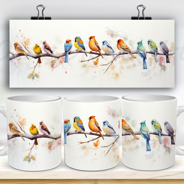 Watercolor Colorful Birds Mug Wrap, 11oz And 15oz Mug Template, Mug Sublimation Design, Mug Wrap Template, Instant Digital Download PNG