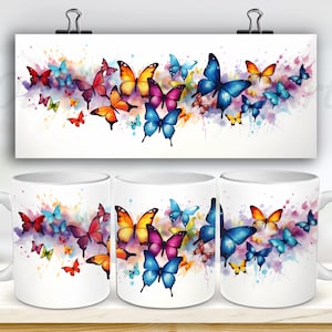 Watercolor Butterflies Mug Wrap, 11oz & 15oz Mug Template, Colorful Mug Sublimation Design, Mug Wrap Template, Instant Digital Download PNG