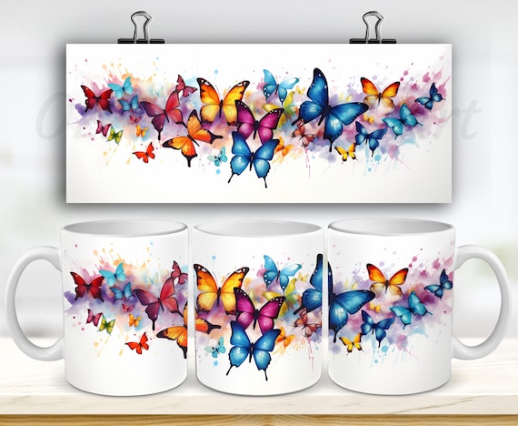 Watercolor Butterflies Mug Wrap, 11oz & 15oz Mug Template, Colorful Mug Sublimation Design, Mug Wrap Template, Instant Digital Download PNG