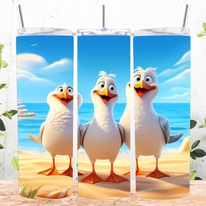 Cartoon Seagulls Beach 20 oz Kids Tumbler Sublimacja Design, Prosta i stożkowa folia Tumbler Wrap, Natychmiastowe pobieranie cyfrowe PNG