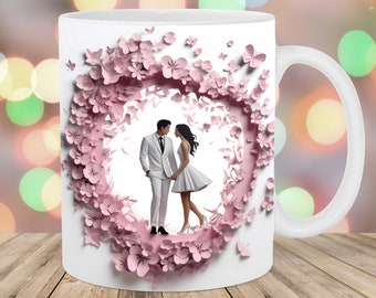 Envoltório de caneca de casal de casamento 3D, modelo de caneca de 11 onças e 15 onças, design de sublimação de caneca, modelo de embrulho de caneca de flores cor de rosa, download digital instantâneo png