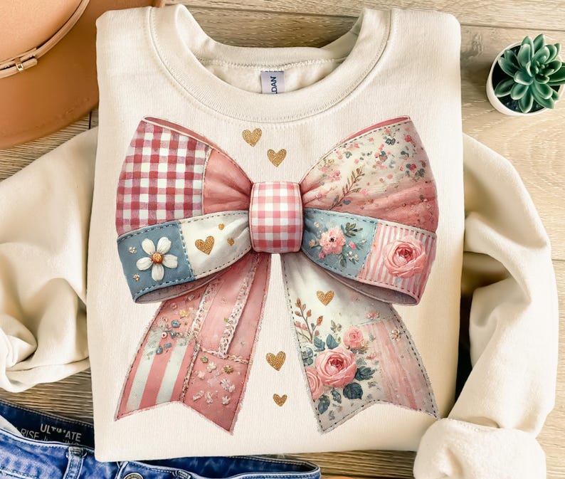 May include: Cream-colored sweatshirt featuring a large bow design. The bow is a patchwork of patterns, including gingham, floral prints, and stripes, in shades of pink, blue, and red. Gold heart accents are scattered around the bow.