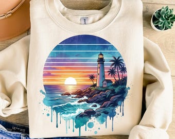 Ocean Landscape Png, Sublimation Design, Lighthouse Png, Sunset Png, Retro Png, Vintage Png, T-Shirt Design, Digital Download Png, DTF