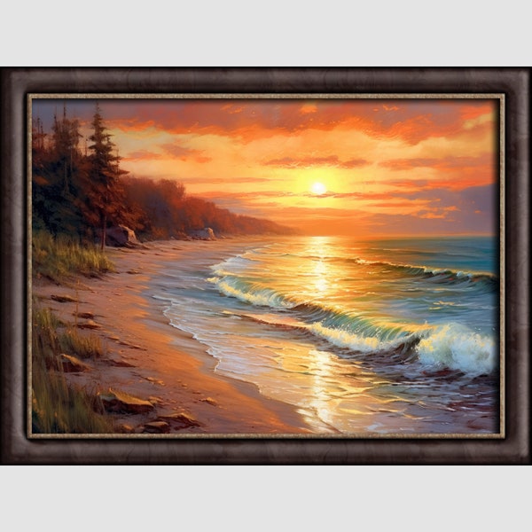 Druckbare Ozean Strand Sonnenuntergang Landschaft Malerei, Strand Landschaft Druck, Ölgemälde, Vintage Wandkunst, sofortiger digitaler Download