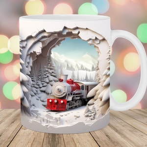 3D Train Hole In A Wall Mug Wrap, 11oz & 15oz Mug Template, Mug Sublimation Design, Winter Mug Wrap Template, Instant Digital Download PNG