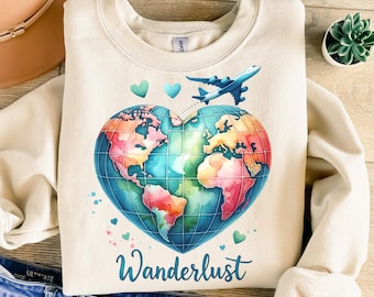 Wanderlust Png, Sublimation Design, Plane Png, Globe Png, Heart Png, Travel Png, Vacation Png, T-Shirt Design, Instant Download Png, DTF