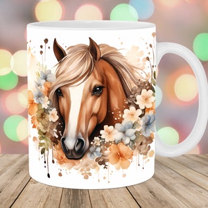 Involucro per tazza con cavallo ad acquerello, modello di tazza da 11 once e 15 once, design a sublimazione della tazza, modello di involucro per tazza con fiori, download digitale istantaneo PNG