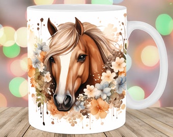 Watercolor Horse Mug Wrap, 11oz And 15oz Mug Template, Mug Sublimation Design, Flowers Mug Wrap Template, Instant Digital Download PNG