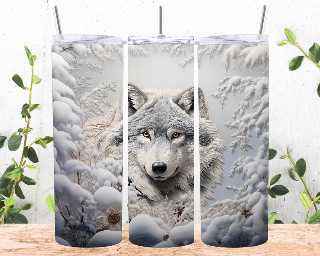 3D Embroidered Winter Snow Wolf 20 Oz Skinny Tumbler Sublimation Design ...