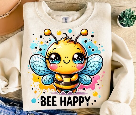 Bee Happy Png, Sublimation Design, Cute Bee Clipart, Bee Digital Image, Kids Png, T-Shirt Design, Sweatshirt Png, Instant Download Png