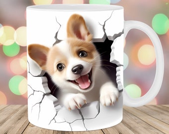 3D Puppy Hole In A Wall Mug Wrap, 11oz And 15oz Mug Template, Mug Sublimation Design, Mug Wrap Template, Instant Digital Download PNG